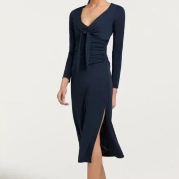 Cinq a Sept Brenna Knot-Tie Gathered Crepe Midi Dress Peacock Blue - Picture 1 of 4
